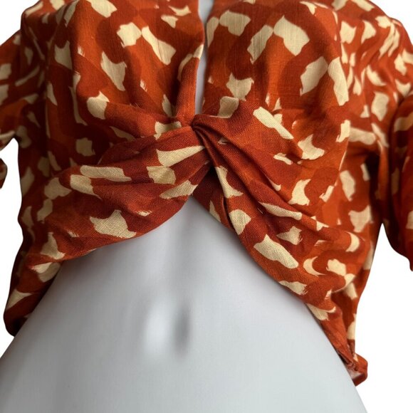 NWT Zara Midriff Crop Tie Top Blouse Linen Blend Size XS Printed Beaded - Picture 7 of 10